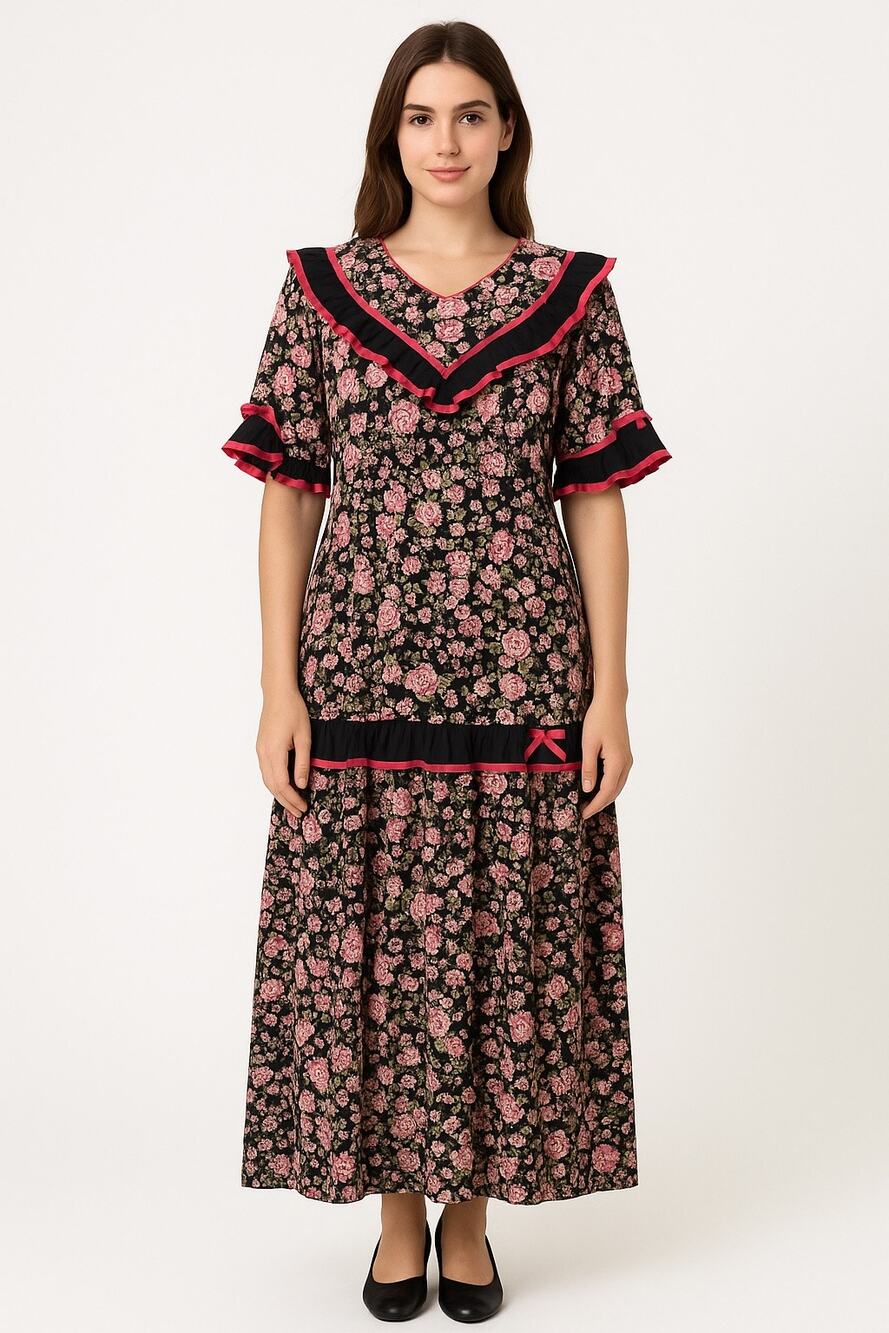 1980s Malumi Hawaii Floral Prairie Dress Pink Roses Ruffle Trim Size Large